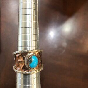 Turquoise Gemstone Ring - Oval Shape - Wide Hammered Copper Band - Size 10